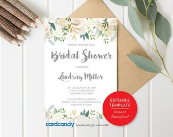 Bridal Shower Invitation Instant Download, Editable Bridal Shower Template, Floral Bridal Shower Card, Watercolor, PDF, Wedding -SH02a