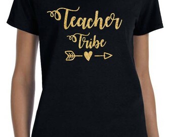 Teacher Tribe gold glitter women's black crew neck tee