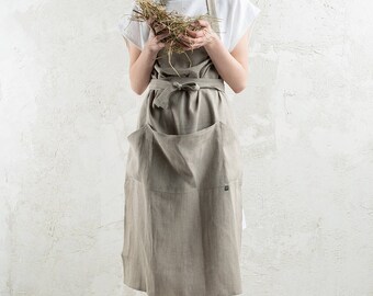 Natural linen apron, Long linen apron, Full apron, Flax grey apron, Linen aprons for women
