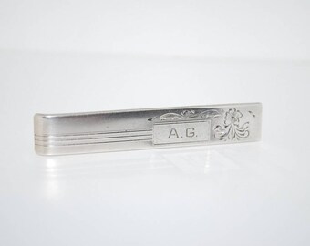 Vintage 1950's Anson Sterling Silver Money Clip - Engraved AG - Floral Etched Design