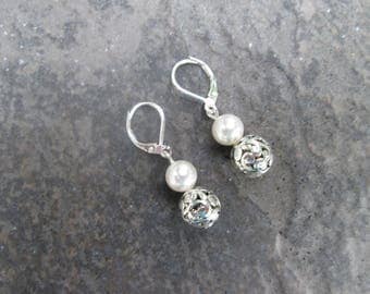 Swarovski Pearl and Silver Filigree Ball earrings with Sterling Silver Leverbacks Filigree Dangle earrings Pearl earrings