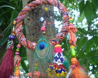 Tribal Dreamcatcher With Vintage Textiles, Beads, Shells, Feathers, Tassels and Magic