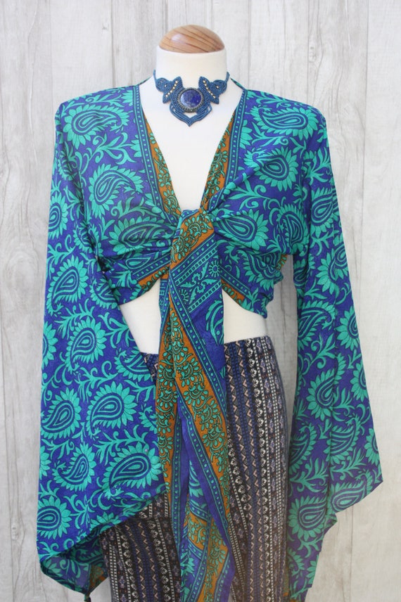 PAISLEY TIE TOP - Bell sleeve crop top- Silk Tie Top- Vintage- Festival Top- Hippie- Retro- 70s- Crop Top- 100% Silk- Couture