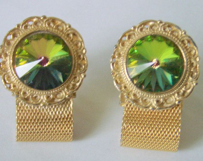 Retro Vintage Green Watermelon Volcano Rivoli Glass Mesh Wrap Cuff Links / 1960s / Wedding Groom / Groomsmen / Jewelry / Jewellery