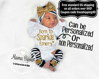 Newborn Girl Coming Home Outfit, Personalized Baby Girl Take Home Outfit, Brand New Baby, Gift Set, Leg Warmers Headband Options, Gold Black