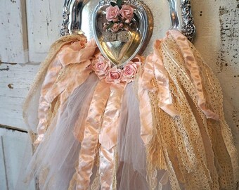 Large silver plate art wall hanging shabby chic reclaimed trays embellished tulle pink w/ satin design ooak home decor anita spero design
