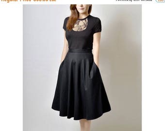 JULY 20 OFF Midi Skirt, High Waisted Midi Skirt, Black Flared Skirt, 50s Skirt