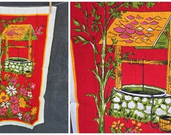 60's Linen Tea Towel Water Well Wishing Well Flowers - New old stock