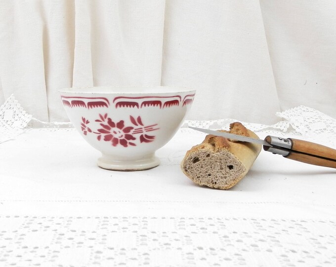 Antique Red and White Farmhouse Coffee Bowl from France, French Country Ceramic Café au Lait Bowl, Cottage Kitchen Latte Bowl