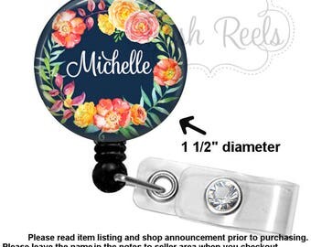 Retractable Badge Reel - Navy Floral Badge Reel - Navy Floral Wreath Badge Holder - Stethoscope ID Tag, Carabiner or Lanyard - 1661