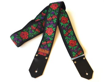 The Gypsy Soul Guitar Strap Red Floral Guitar Strap with black leather ends or custom leather choice & rivets, Red Green Purple Floral Strap