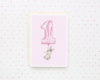 1st Birthday Card, Girl's Greetings Card, Kid's Birthday, Children's card, First Birthday, Number 1 Card, Party Card Invite, Invitation