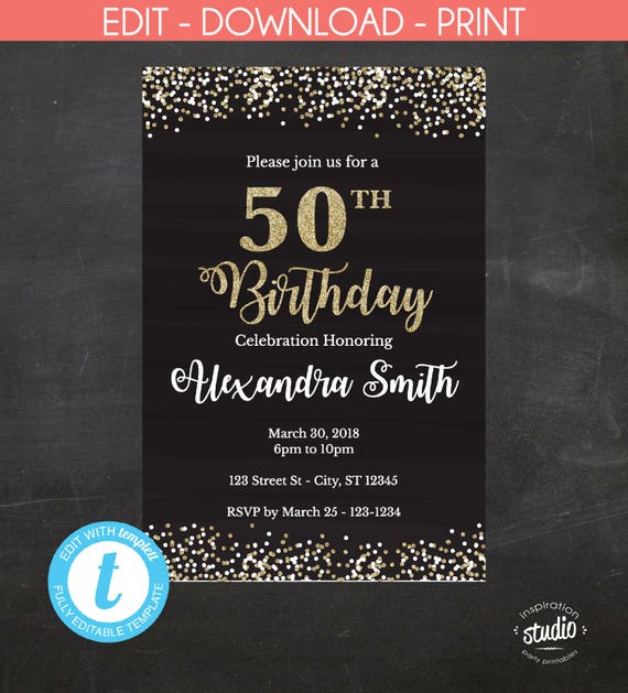 EDITABLE - 50th Birthday Invitation - 50th Birthday Invite, Black and ...