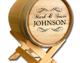 Custom Oak Wood WEDDING BARREL Gift Card Holder - Personalized with 3 lines of text: The Couple's First Names, Last Name and Wedding Date.