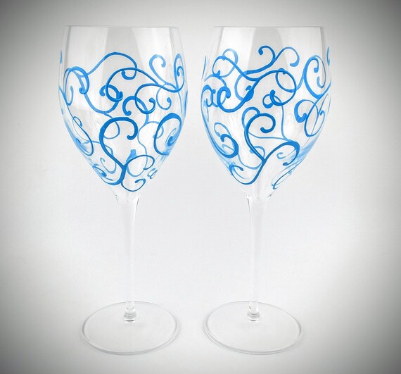 Blue Swirl Wine Glasses Hand Painted Elegant High Quality
