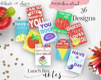 Lunch Box Notes for Kids - Back to School Notes - Assorted Lunch Box Notes - 36 Printable Cards - Instant Download