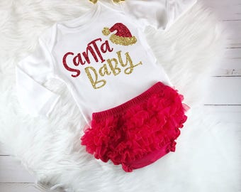 Santa Baby Girl Christmas Outfit Baby's First Christmas Gold and Red Glitter Newborn Baby Shower Gift Christmas Bodysuit