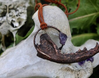 Jawbone Copper Pendant with Raw Amethyst and Leather Necklace