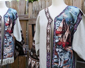 OOAK Upcycled Southwestern Linen Kimono Jacket, Wolf, Native American, Artsy Eco Fringed Linen Top, Western Jacket, Tribal Clothing S/M Nika