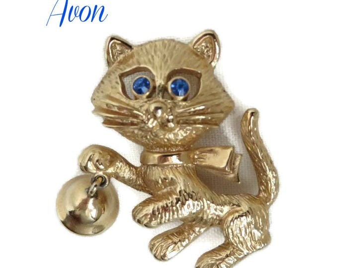 Vintage AVON Cat Brooch, Gold Tone Kitten, Bell Pin, 1980s Jewelry, Gift for Her, Gift Boxed