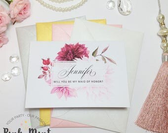 Will you be my maid of honor card, Personalized, Maid of honor Proposal, Burgundy Wedding, Envelopes included, Printed and Shipped