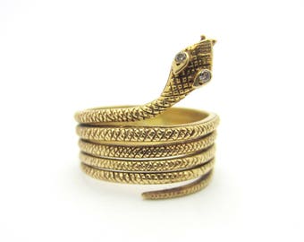 Vintage Coiled Snake Ring With Diamond Eyes 14k Yellow Gold Sz 9.25
