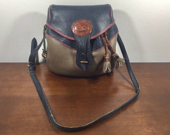 Dooney and Bourke Leather Purse, Bag, Shoulder Bag, Cinch Bag, Gray, Blue, Brown