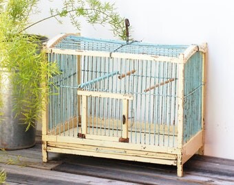 Cage à oiseaux bois et métal blanc cassé et bleue french vintage