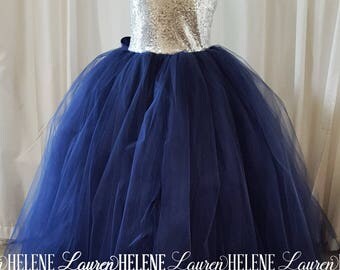 Ellen Navy Flower Girl Dress, Navy and Silver Sequin Flower Girl Dress, Princess Flower Girl Dress, Princess Birthday Dress