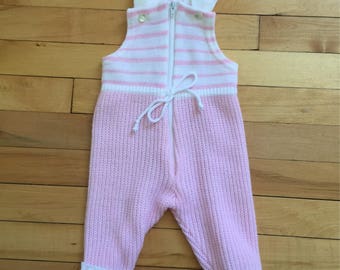 Vintage 1980s Baby Infant Girls Pink Striped Knit Overalls! Size 6-12 months