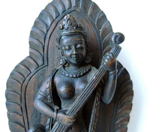 Statue Saraswati Wood Carving Wall Hanging