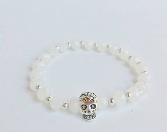 stretchy bracelet, Sugar Skull Bracelet, Sugar Skull Jewelry, dia de los muertos, day of the dead, silver skull, stacking bracelets, boho