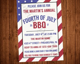 Modern 4th of July Party Invitation (Printable, Stars & Stripes, Red, White, and Blue)