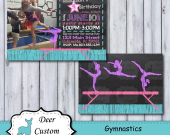 Photo Gymnastics Birthday Invitation | Tumbling Chalkboard Birthday Invite | Gymnastics Invite | Gymnastics Birthday Party | Tumbling Party