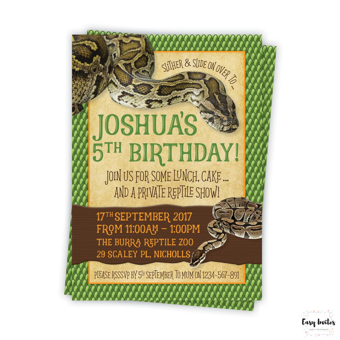 Snake Birthday Invitation Snake Birthday Party Reptile