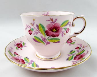 Vintage Tuscan Pink Tea Cup and Saucer with Pink Flowers, Fine English Bone China
