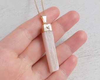 Selenite Necklace, Raw Selenite Necklace, Peach Selenite Pendant, Bohemian Necklace, Gold Layer Necklace, Boho Necklace, Gift For Her, 9-07
