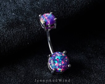 belly ring belly button ring belly jewelry purple fire opal silver belly button ring simple base 14g ~belly-doubleopal