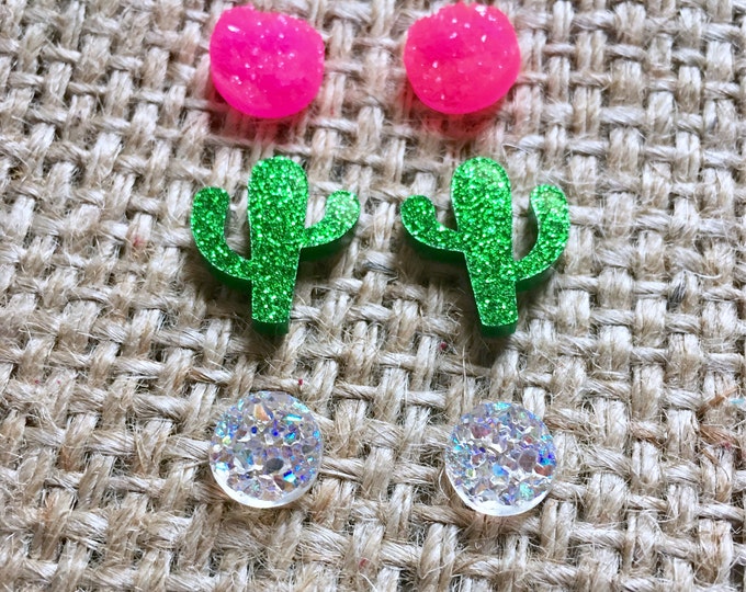 Cactus Earring Set, Green Cactus Studs, Cactus Studs, Cactus Earrings, Druzy Stud Set, Earring Trio Set, Cowgirl Earring Set, Cactus Jewelry