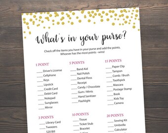 What's in your Purse Game, Bridal Shower Games, Gold Confetti, Bridal Shower Purse Game, Purse Game Printable, Wedding Shower Game, GCB3