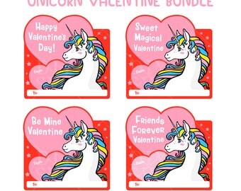 Rainbow Unicorn Valentines Printable DIY Instant Download