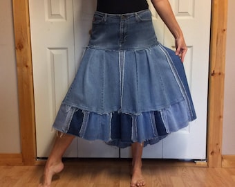 Denim Maxi Skirt/Plus Size Jean Skirt/Midi Bustle Skirt/Upcycled Denim/Recycled Blue Jeans/Repurposed Clothing/Cowgirl/Womens Size XL