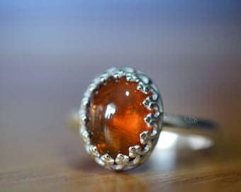 Hessonite Garnet Ring, Natural Autumn Russet Gemstone Jewelry, Sterling Silver Ring, Crown Bezel Set Stone Ring, Handmade Cocktail Ring