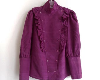 Michael Hofmann Silk 70s Blouse - Purple Silk Blouse - 1970s Raw Silk - Puffy Sleeves -Volants Ruffled Blouse - Eggplant Aubergine Purple
