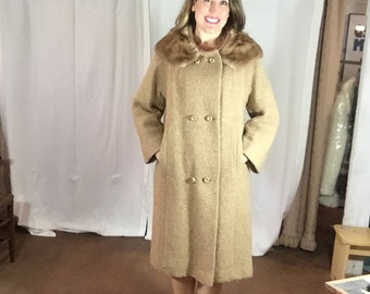 Vintage Style Craft New York Beige Double Breasted Wool Coat with light brown MINK Collar
