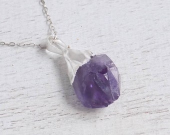 Boho Necklace, Raw Amethyst Necklace, February Birthstone, Rough Amethyst Pendant, Amethyst Crystal, Purple Necklace, Silver Necklace, 8-581