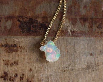 Raw Opal Necklace, October Birthstone, Rough Fire Opal Necklace, Ethiopian Opal Jewellery, Welo Opal Necklace, Raw Crystal Jewelry