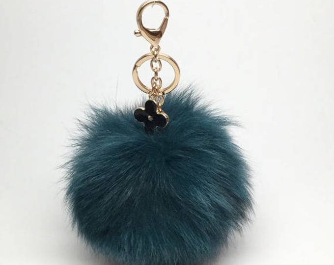 New! Blue-Green fox fur Pompon bag charm pendant Fur Pom Pom keychain keyring with flower charm