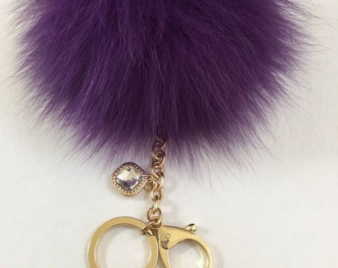 Deep Purple Fox Fur Pom Pom keychain ball luxury bag pendant with clear crystal charm