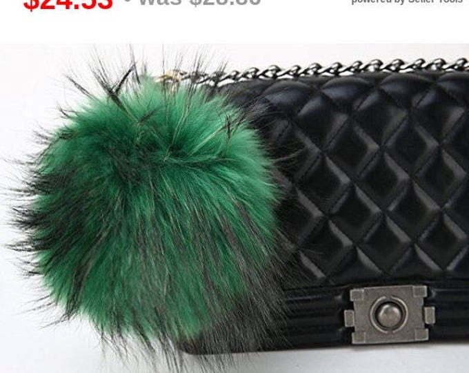 Green with natural markings Raccoon Fur Pom Pom luxury bag pendant keychain fur ball puff